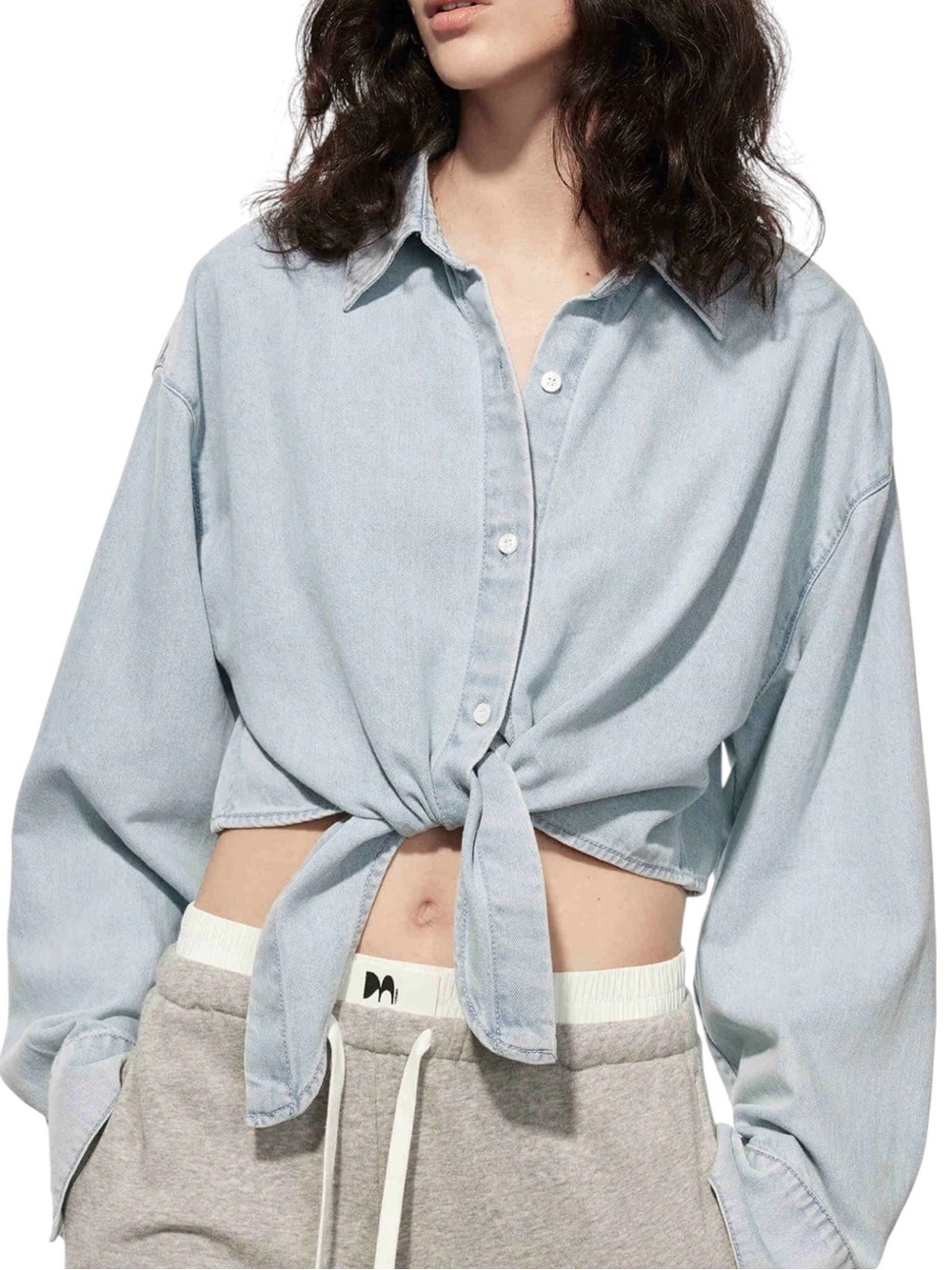 NWT MO&Co Tie detail cropped denim long sleeve button down shirt size S